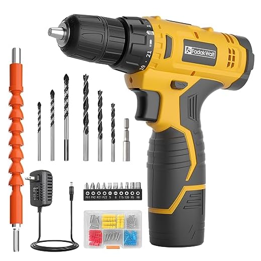 FADAKWALT Cordless Drill Set,12V Power Drill Set with Battery and Charger, compact Driver/Drill Bits, 3/8'' Keyless Chuck,21+1 Torque Setting, 180 inch-lbs, with LED Electric Drill Set (Yellow)