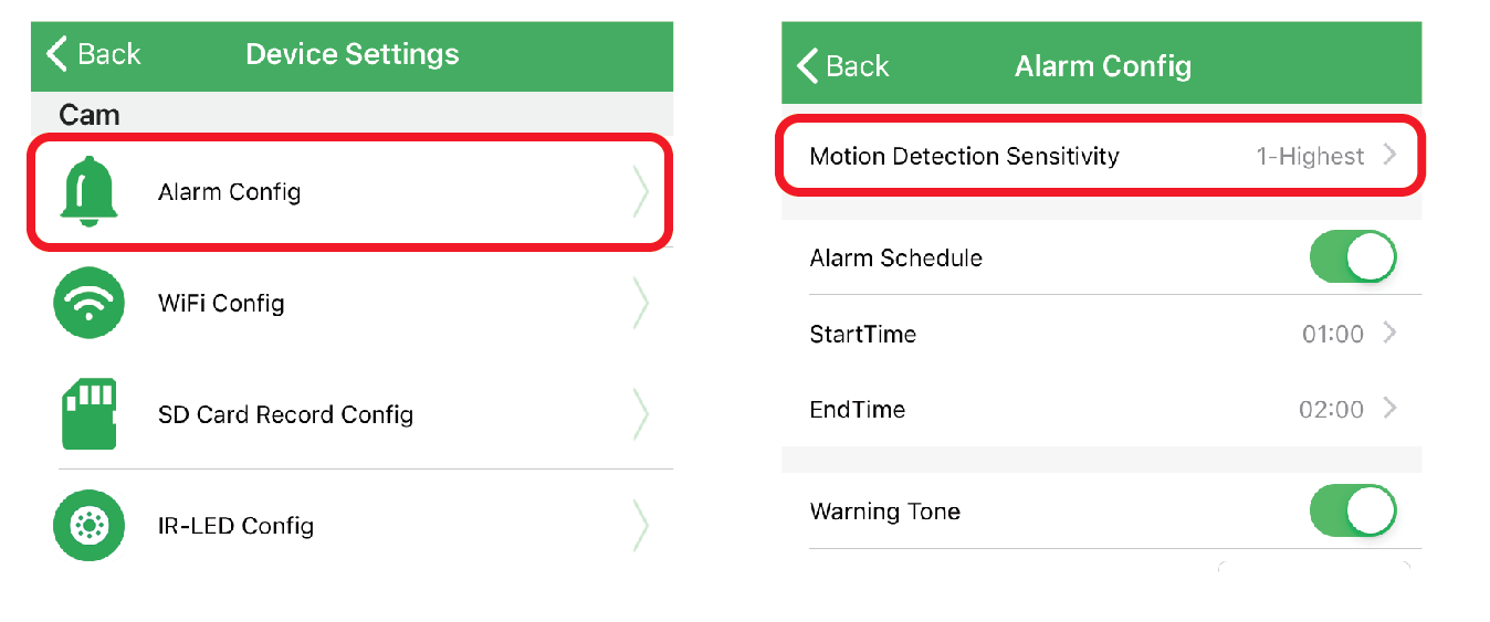 spy camera Alarm Config (Motion Detection) setting