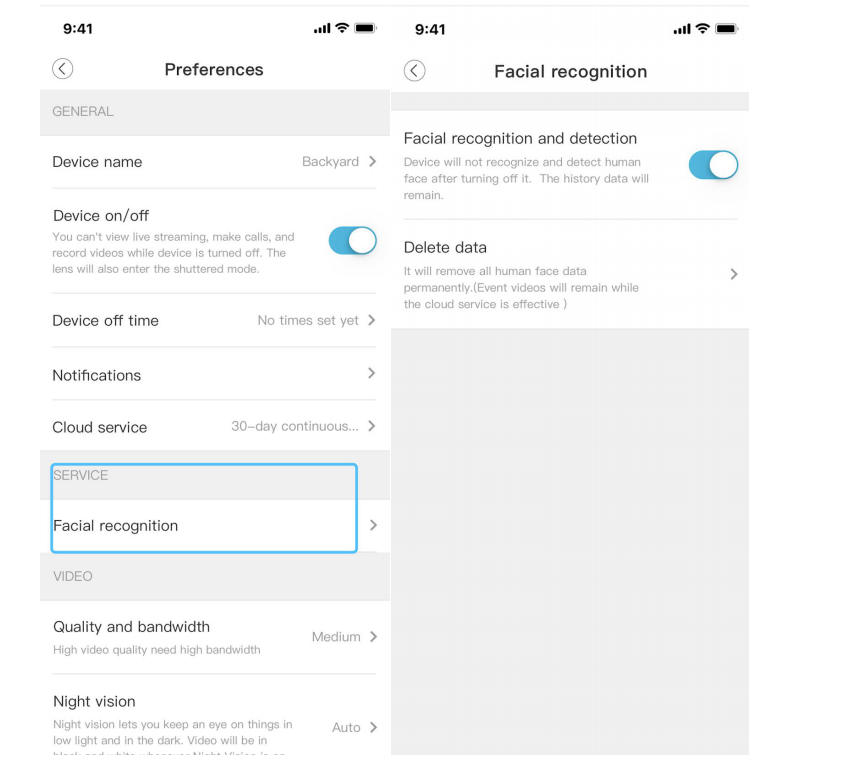 To delete all facial data on a device