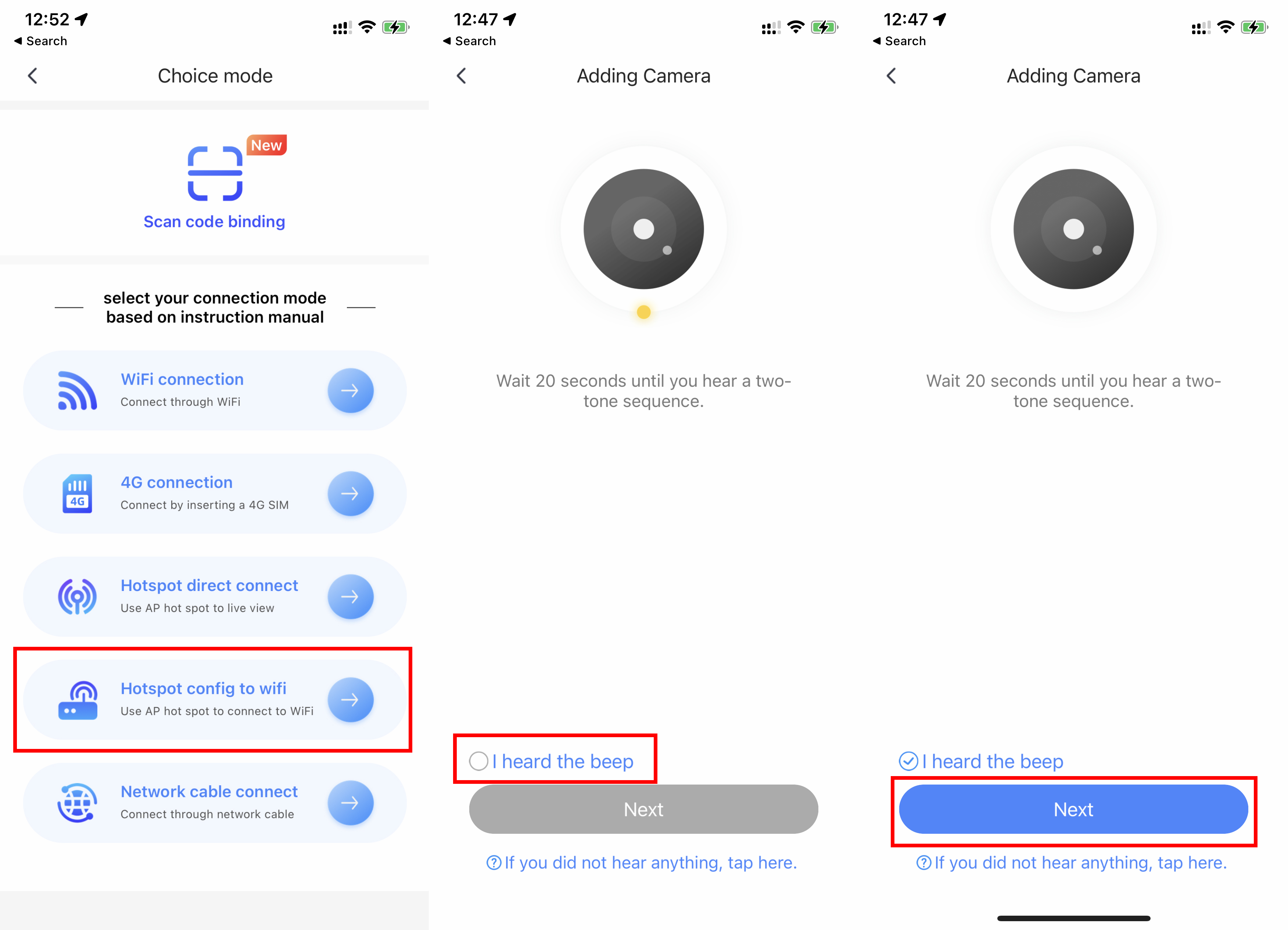 Add camera- Hotspot config to wifi