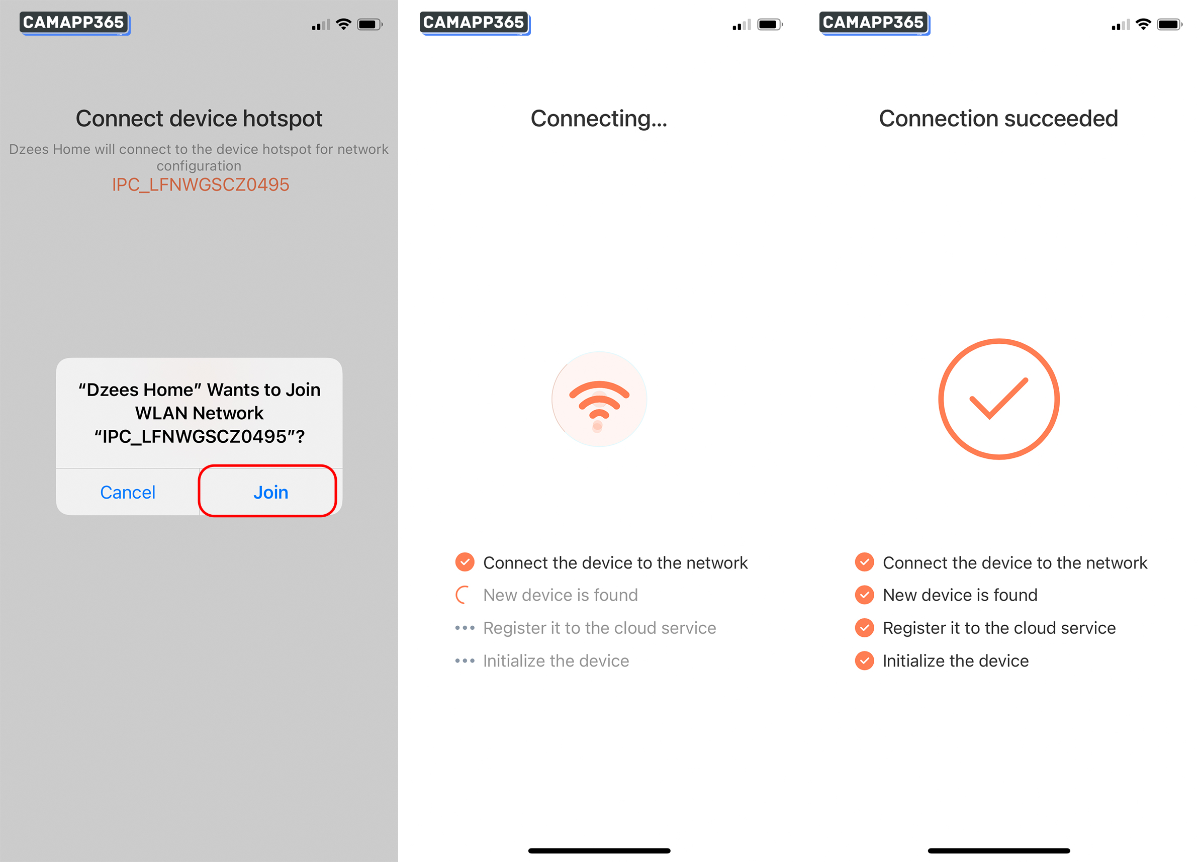 Click Join, and then wait for the Dzees camera to connect to Wi-Fi, which takes about 1-2 minutes.
If you clicked Cancel, it will switch to the QR code connection mode. You can use the QR code connection or exit and start over.