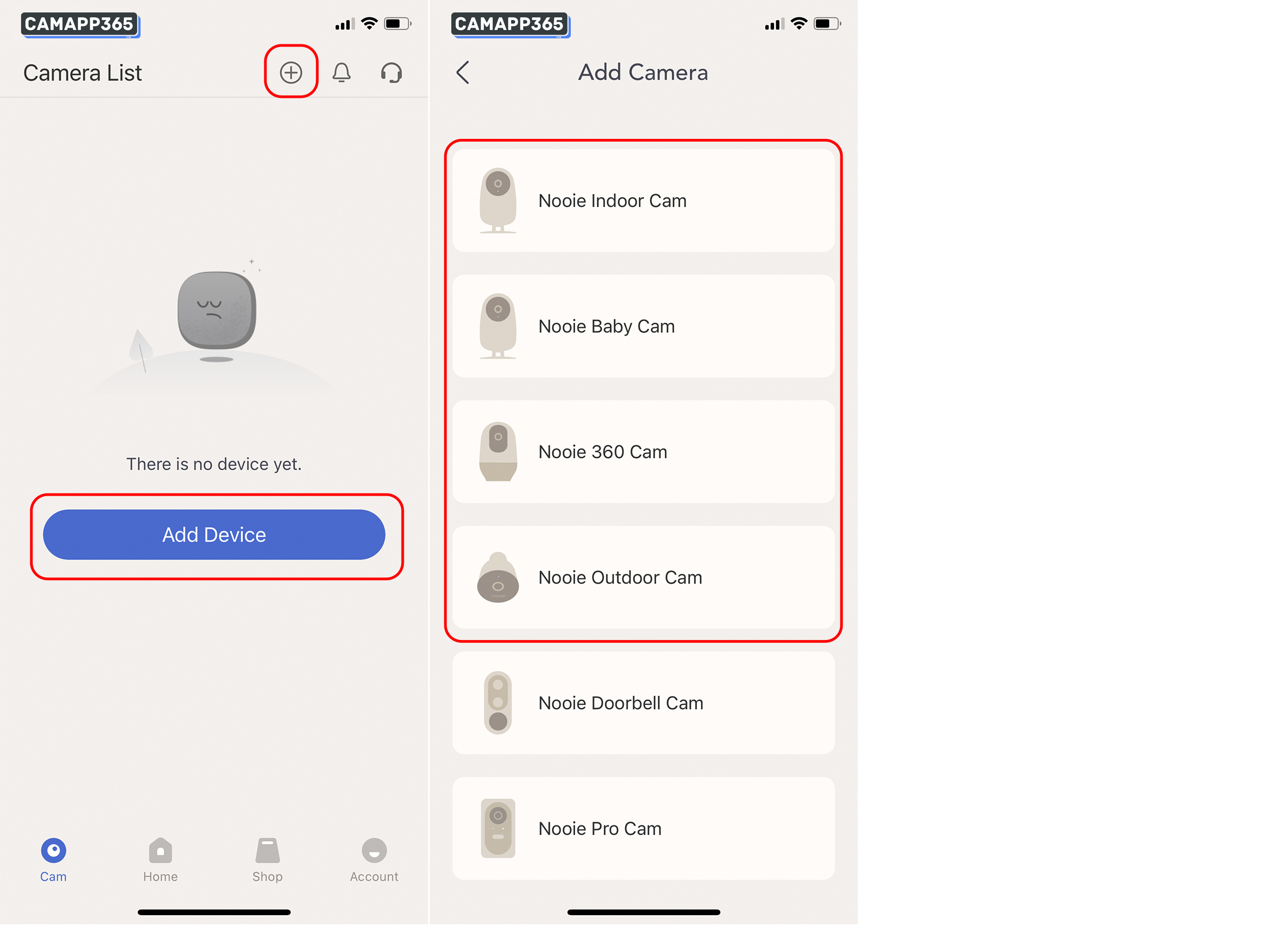2. Click the Add Device or + icon, then select your Nooie camera.