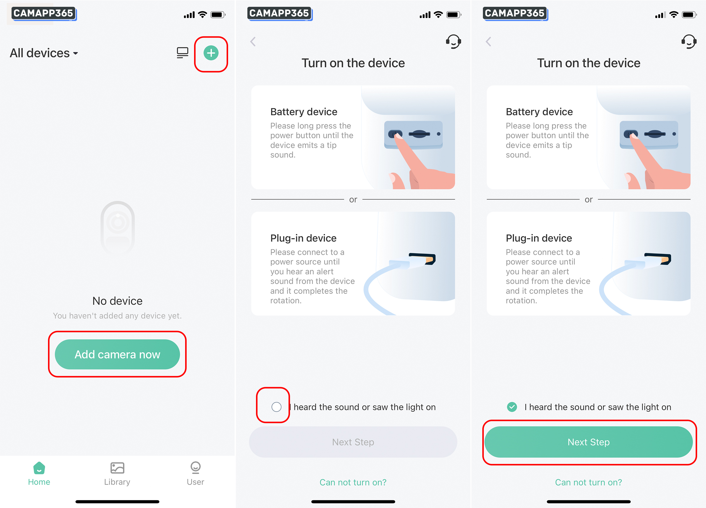 Tap on&nbsp;Add camera now&nbsp;or the&nbsp;+&nbsp;icon in the top right corner to link the VicoHome camera. Then, click on&nbsp;I heard the sound or saw the light on&nbsp;followed by&nbsp;Next Step.