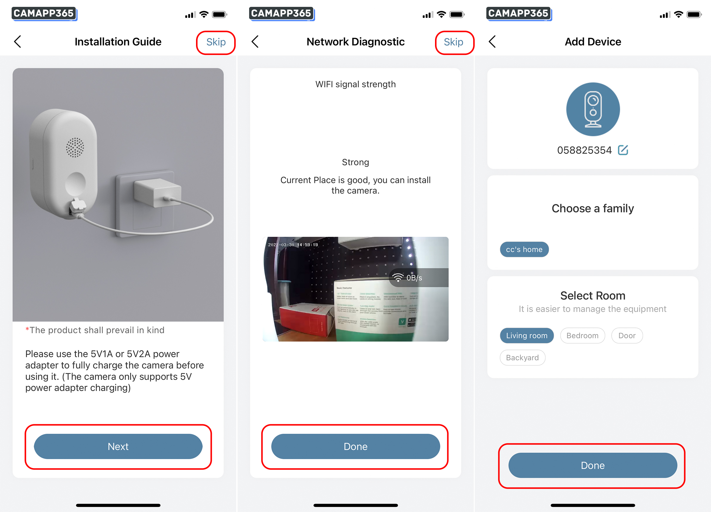 After successful connection, the app will show you the installation guide and wifi signal test, you can simply click Skip.