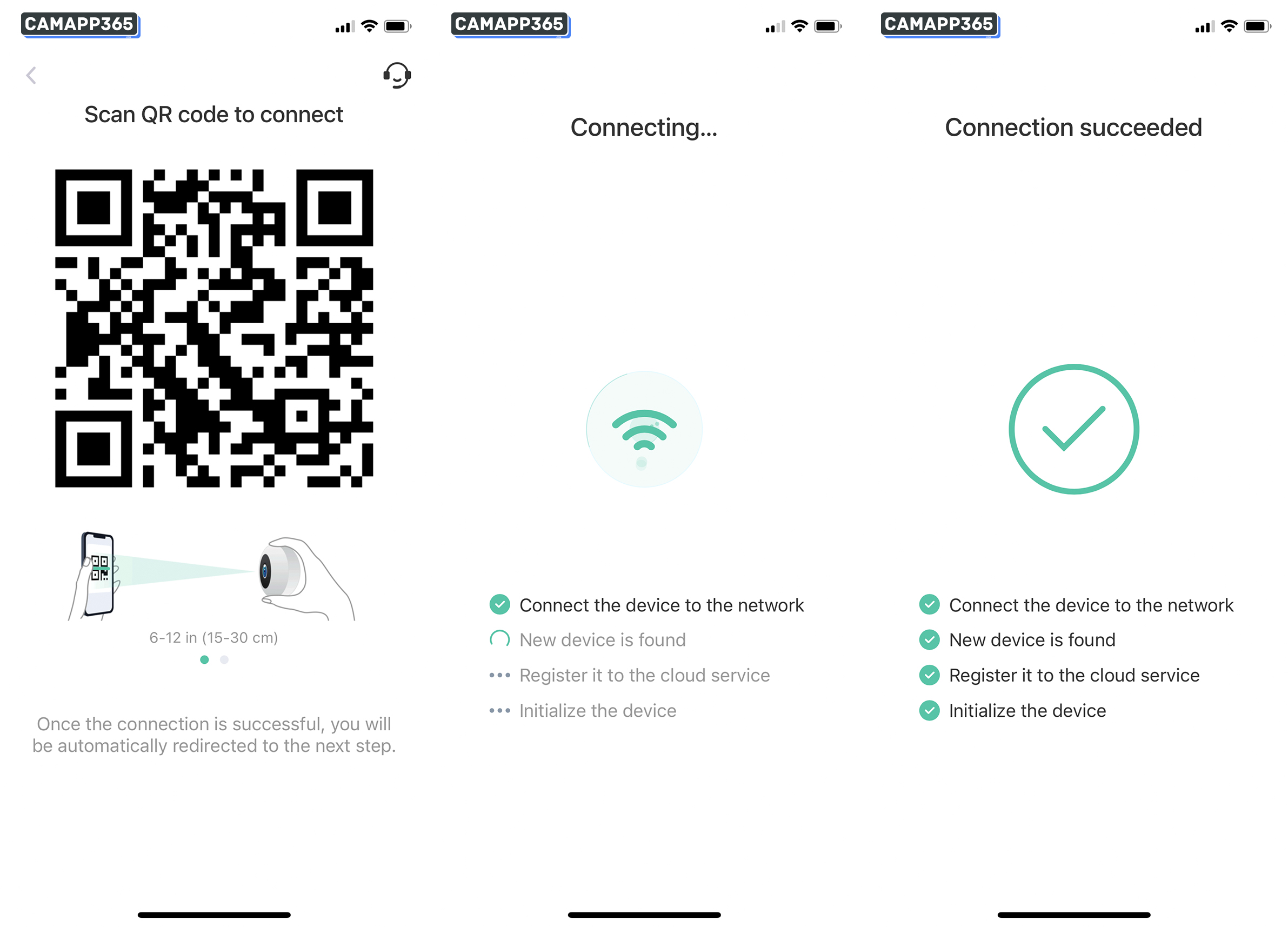 Display the shown QR code to the VicoHome camera for scanning, keeping a distance of 6-12 inches. The camera will emit a voice prompt when it successfully scans the QR code. Wait for the camera to connect to your Wi-Fi, which takes approximately 1-2 minutes. After successfully connecting, the app will automatically proceed to the next step.