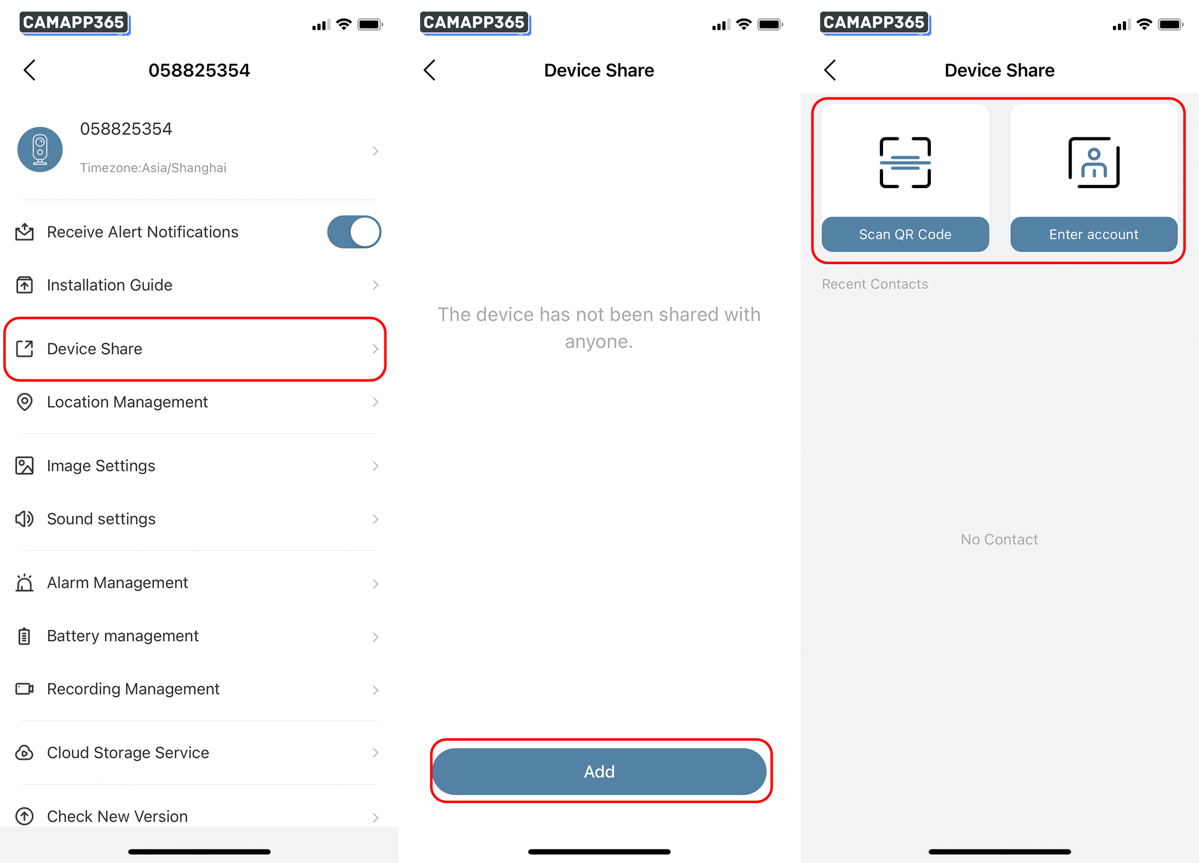 You can share ZUMIMALL camera to your family, while multiple people use the camera. Your family members need ZUMIMALL account to share.

Enter the camera settings interface, click Device Share > Add > Select sharing mode.