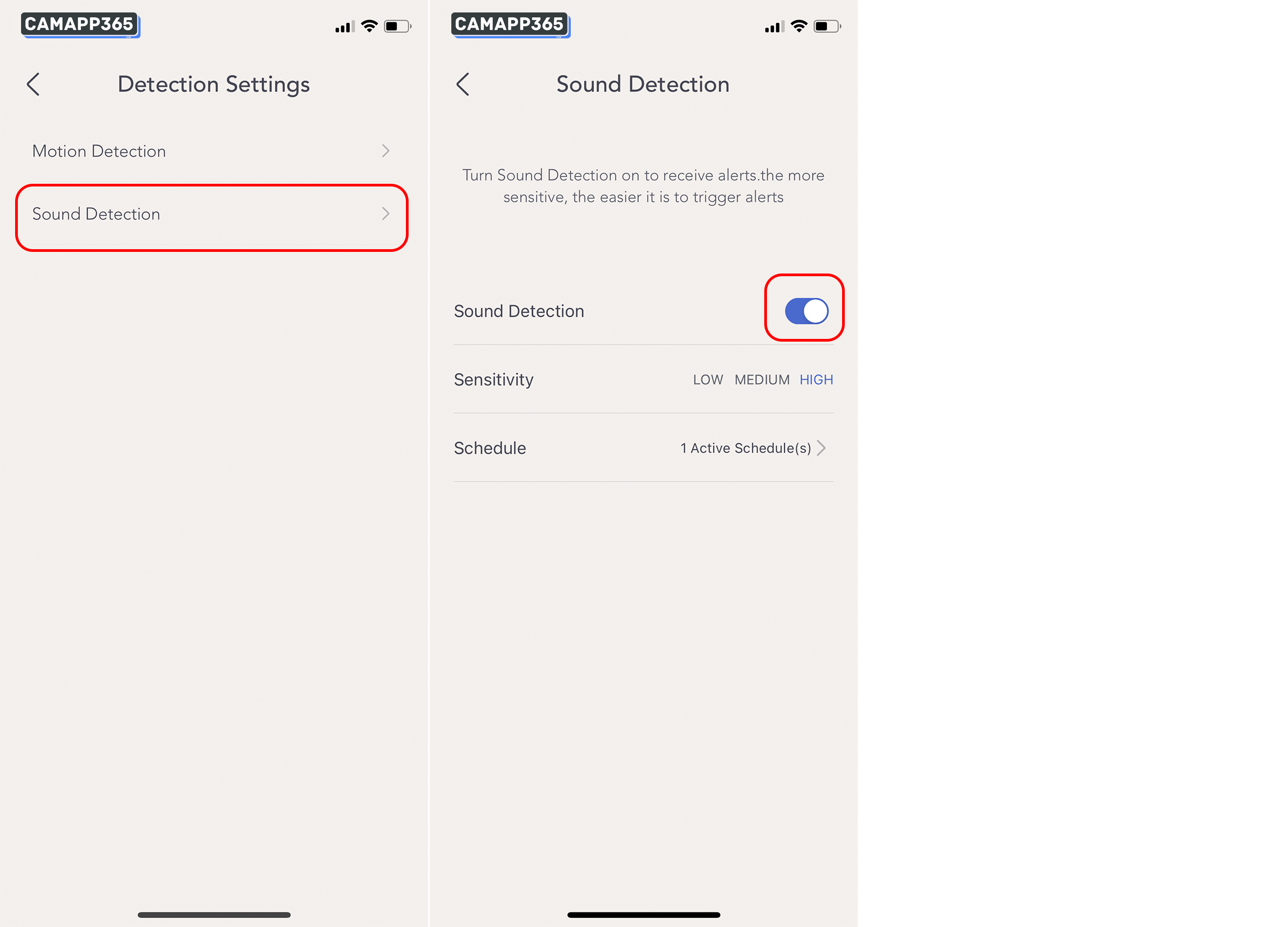 Click on Sound Detection, to open Sound Detection.

Now when the nooie camera detects an unusual sound it will send a notification to your phone.