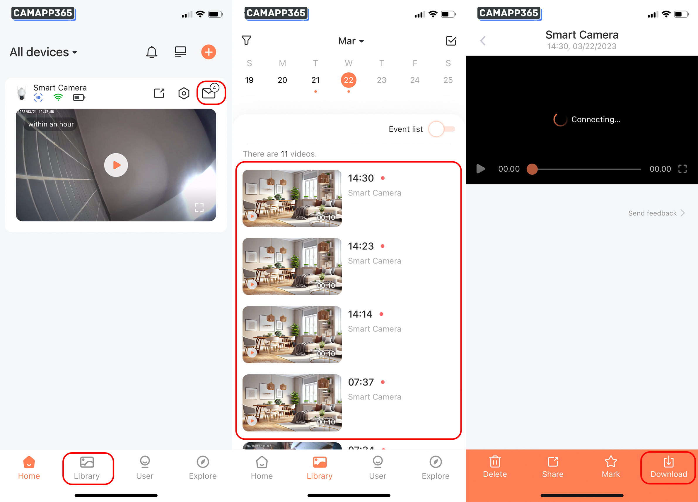 Click on the Library or "" icons to view alarm messages and click on a message to view a video. Dzees cameras offer free cloud storage and recorded videos will be deleted after 7 days. If you have an important video, you can click "Download" to save it to your phone.