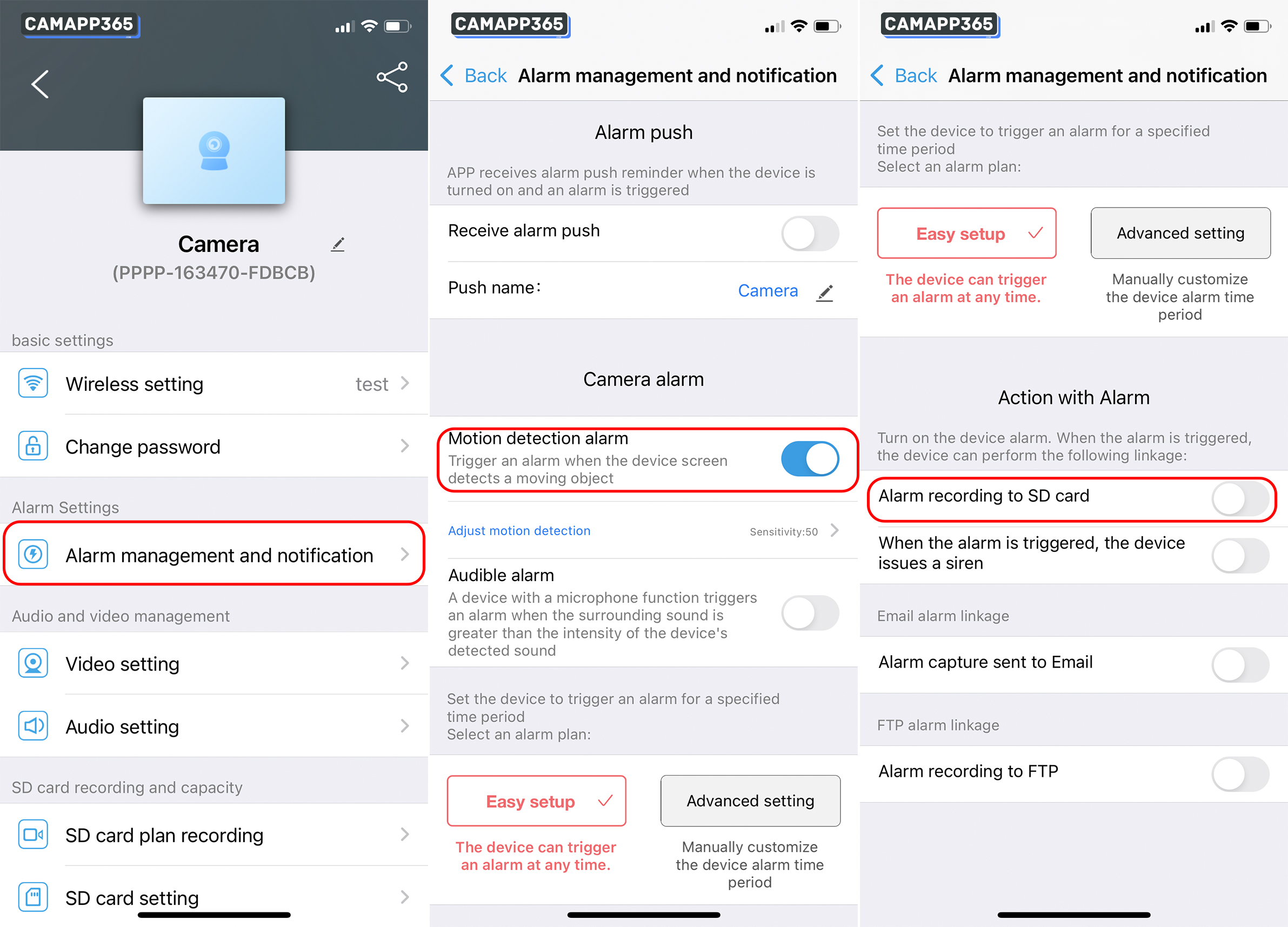 Go to the Alarm management and notification screen, open Motion detection alarm, then scroll down and open Alarm recording to SD card.