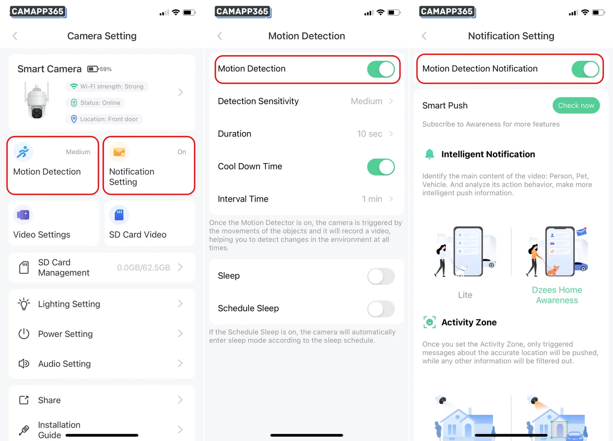 GMK cameras are enabled by default for motion detection and alarm notifications. If you need to change the settings, you can do so in the&nbsp;Motion Detection&nbsp;and&nbsp;Notification Setting&nbsp;screen.