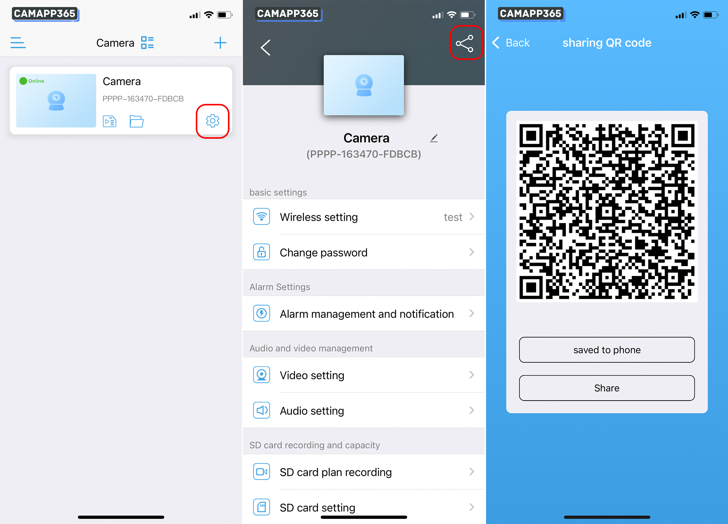 Go to the settings screen and click on the share icon, then save the QR code displayed.