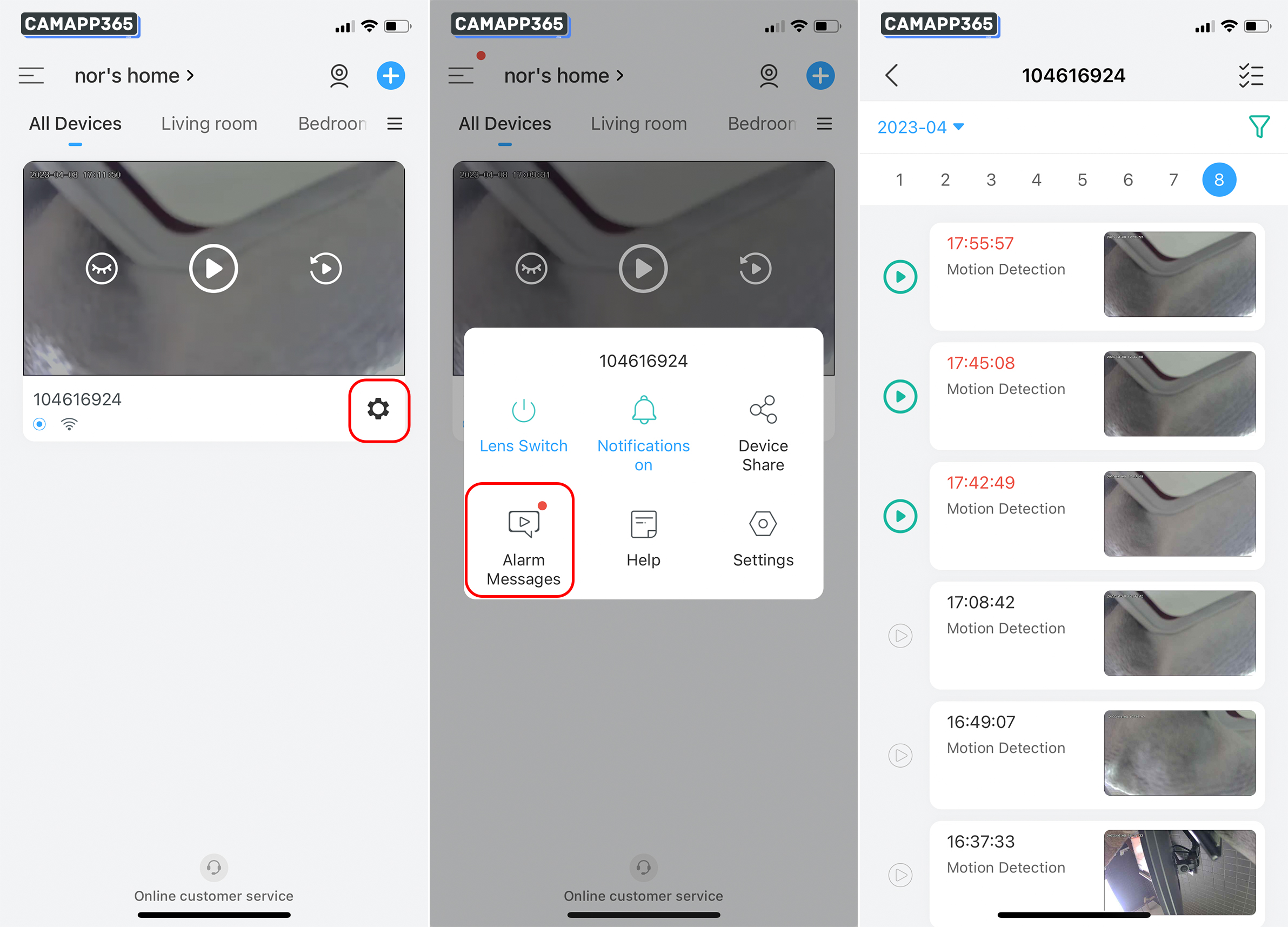 In Alarm Messages you can see all alarm messages, and if you have a memory card inserted, click on the green play icon to view the alarm video.