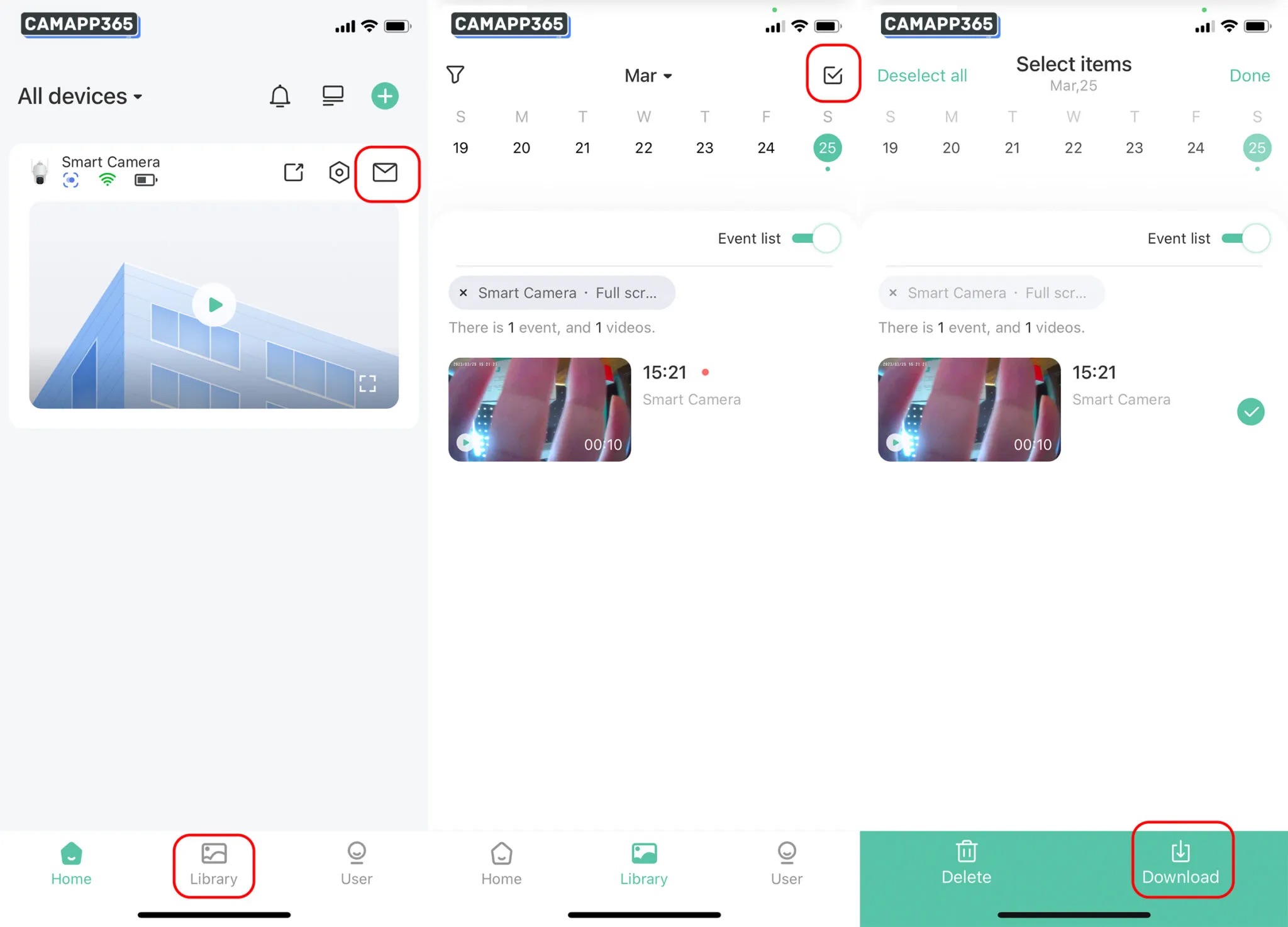 Click on the&nbsp;Library&nbsp;or “” icons to view alarm messages and click on a message to view a video. GMK cameras offer free cloud storage and recorded videos will be deleted after 7 days. If you have an important video, you can click “Download” to save it to your phone.